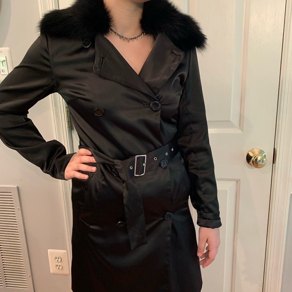 Sheri Bodell Real Fox Fur Satin Trench Coat sz S Mob Wife Y2K